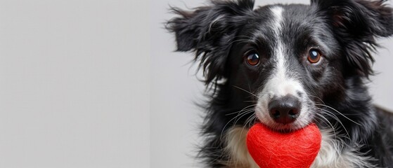 St Valentines Day concept Funny portrait cute puppy dog border collie holding red heart in mouth isolated on white background, close up Lovely dog in love on valentines day gives gift