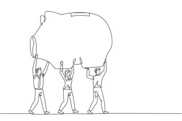 Continuous one line drawing a group of businessmen and businesswomen work together carrying a piggy bank. Invite to invest. Be careful in spending money. Single line draw design vector illustration