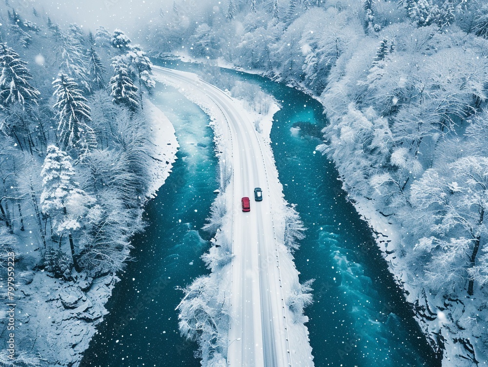 Wall mural Aerial top view of snow winter road with cars over blue river