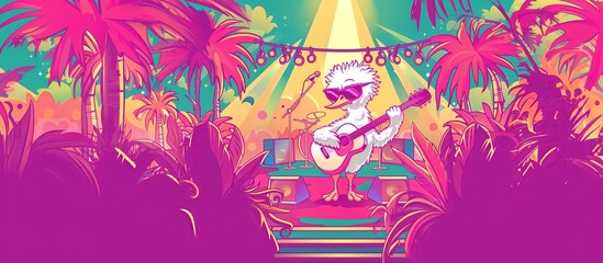 Comical cartoon funny bird rocking out and playing guitar or bass guitar center stage at a rock concert, adding a whimsical and humorous vibe to the musical performance.