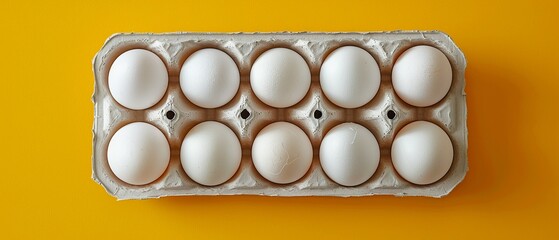 Fresh white eggs with yolk on cardboard tray on yellow backgound - obrazy, fototapety, plakaty