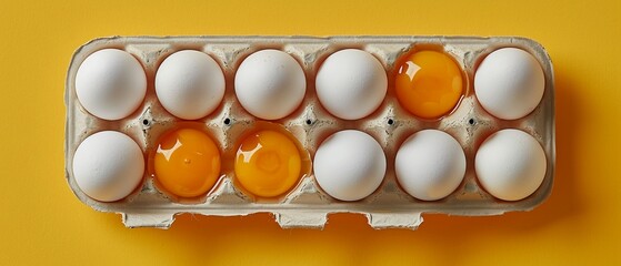 Fresh white eggs with yolk on cardboard tray on yellow backgound - obrazy, fototapety, plakaty