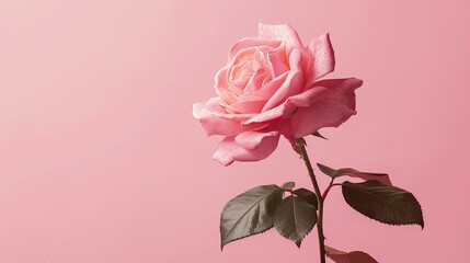 A stunning solitary pink rose stands out against a plain backdrop