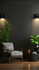 b'Black wall with wood plank pattern and gray armchair'