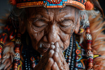 Elder Dayak man praying in traditional garb