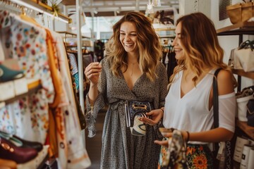 Fototapeta premium Two women shopping, laughing joyfully