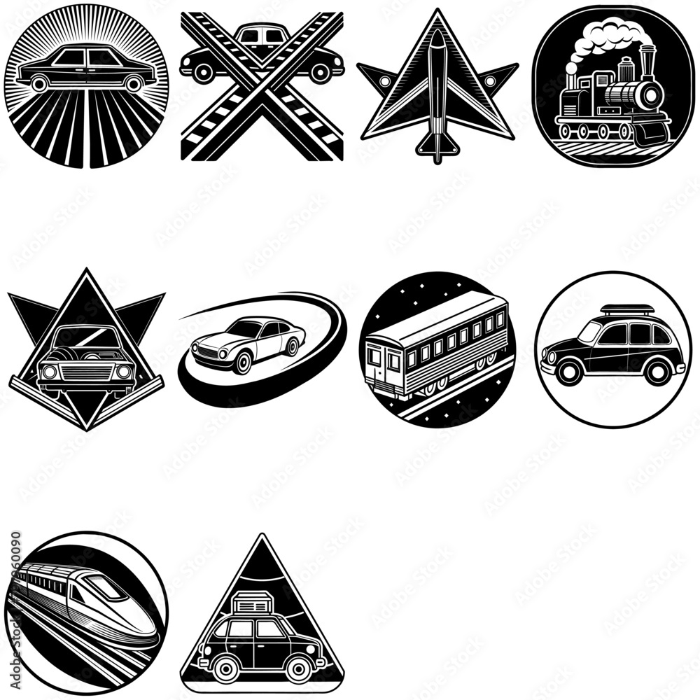 Poster a collection of six distinct logos showcasing different types of vehicles, each uniquely designed to