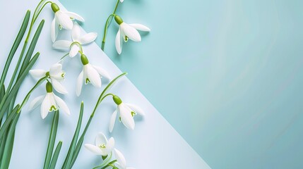 A creative layout featuring delicate white snowdrop flowers set against a backdrop of light blue and white hues Presented in a flat lay style this composition embodies a fresh and vibrant s - obrazy, fototapety, plakaty