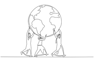 Single one line drawing group of Arab businessmen and Arab businesswomen working together to carry globe. Work hard together. Dominate the market. Global. Continuous line design graphic illustration