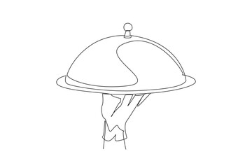 Continuous one line drawing the waiter holds a food tray covered by a tray lid. Service in a restaurant. Keep food clean and hygienic. Standard serving. Single line draw design vector illustration