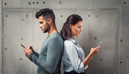 A sad looking couple standing back to back with cell phones. Technology and social media dangers.
