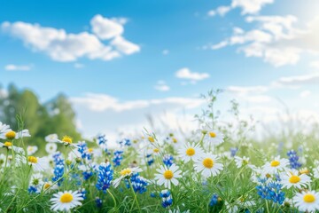 Fototapeta na wymiar b'Field of flowers under blue sky'