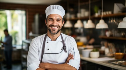 b'Portrait of a smiling chef in a commercial kitchen'