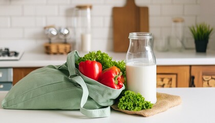 a kitchen with a cloth grocery bag full of produce from the farmers market and a glass jar of milk.