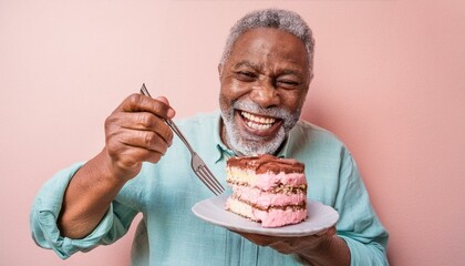 Joyful happy laughing man eating a piece of cake. 