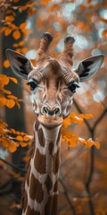 b'A giraffe standing in a forest with orange leaves' - obrazy, fototapety, plakaty