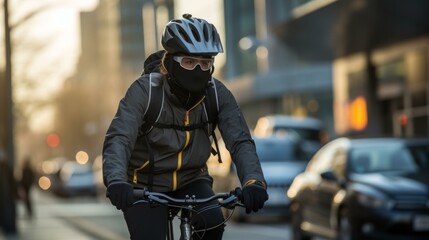 b'Cyclist wearing a helmet and a face mask rides a bicycle in the city'