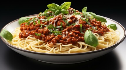b'A plate of spaghetti with tomato sauce and basil'