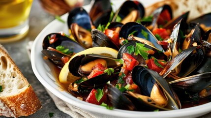 Fresh mussels served with a slice of bread, ideal for restaurant menus