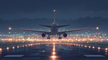 Illuminated Commercial Airplane Landing on Airport Runway at Dusk - obrazy, fototapety, plakaty