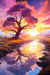 b'fantasy landscape with a large tree by the river and mountains in the background'