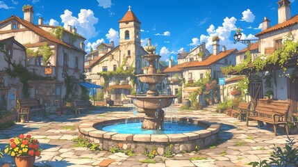 Charming Historic Town Square with Fountain and Cobblestone Streets - obrazy, fototapety, plakaty
