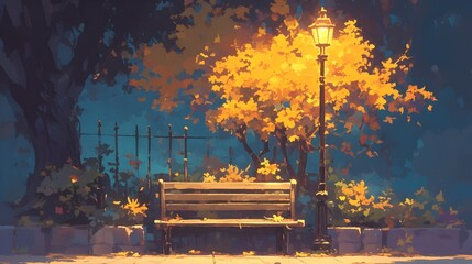 Cozy Autumn Evening in Scenic Park with Illuminated Bench and Foliage