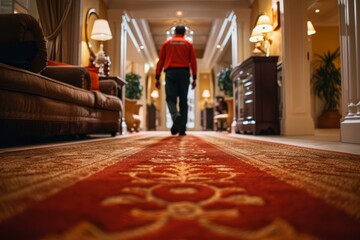 b'Man in red uniform walking down red carpet in luxury hotel'