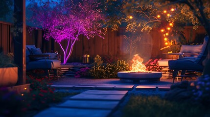 A backyard patio with smart LED lighting that changes color with voice commands and an app-controlled fire pit