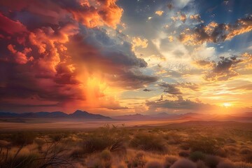 Dramatic high-contrast clouds parting to reveal a vibrant sunset over a vast desert landscape, capturing the interplay of light and shadow.