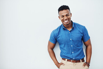 Portrait, smile and business with black man, worker and confident guy on white studio background....