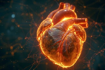 b'A 3D illustration of a human heart with a glowing effect'