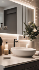 Fototapeta premium Modern bathroom design with elegant lighting, mirror, sink and decorative elements