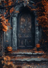 b'ornate wooden door with pumpkins on the stairs'