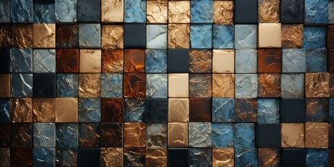 Blue and brown mosaic wall tiles in a square pattern