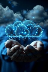 b'Blue glowing cloud computing network in the hand'