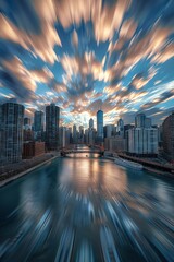 The Chicago skyline presented in an ultrawide angle shot that encompasses the vibrancy and scale of this iconic city, capturing the dense cluster of skyscrapers along the Chicago R
