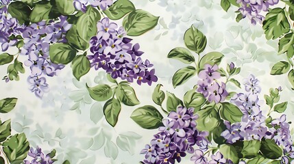 Vintageinspired floral fabric designdelicate lilacs and violets intertwined with green foliagesuited for classic home decor.