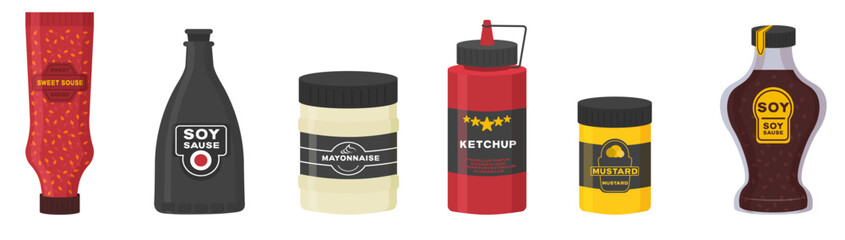 PNG, Fast food sauce mayonnaise ketchup mustard isolated on white background. Set of different bottles with sauces, mustard, soy, wasabi, mayonnaise, bbq in flat design. Vector illustration