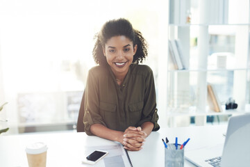 Happy, portrait and black woman with confidence for business advice, finance or insurance at...