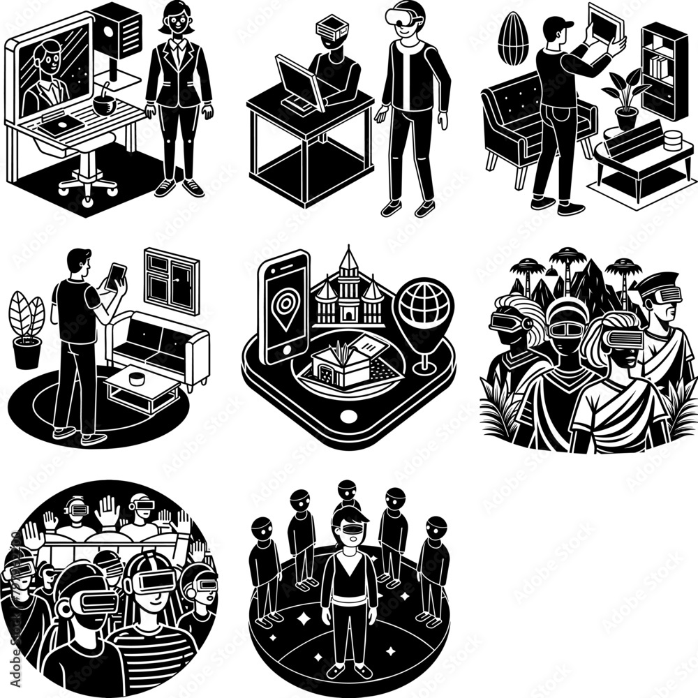 Poster a collection of vector illustrations showcasing different people engaging with virtual reality techn