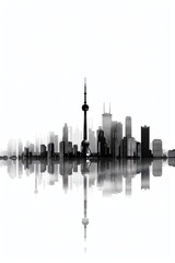 Naklejka premium A sleek, minimalist city skyline, depicted with a single continuous thin black line against a white background, capturing the essence of the citys architecture without any clutter