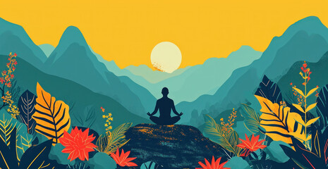 Man meditating in lotus position surrounded by mountains and flowers, finding peace and tranquility in nature