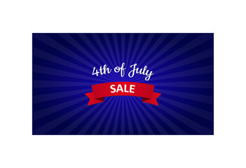 Horizontal 4th of July sale banner vector illustration. Independence Day business marketing design. Red ribbon on blue background.