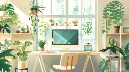 A home office with a large window, a desk, and many plants.