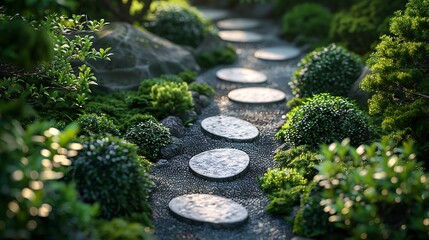 Zen garden path with stepping stones and lush greenery in bright daylight.