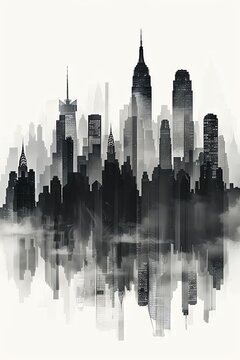 Artistic rendition of New Yorks skyline, focusing on minimalistic, flat shapes that compose an iconic view of the city, using a monochrome palette to emphasize form over detail, pe