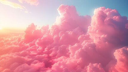 Pastel Sky with Pink and Red Fluffy Clouds in Fairy Kei Style - obrazy, fototapety, plakaty