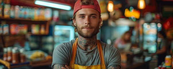 Tattooed man working at a food stall