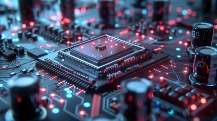 Futuristic visualization of a nanoelectronic circuit schematicwith holographic elements projecting above the surfaceproviding a 3D perspective on the cuttingedge technology involved.